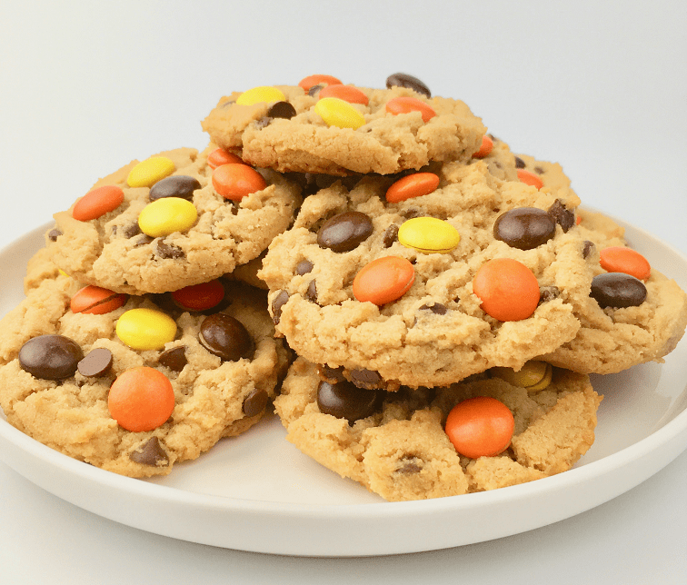 Several Reese's pieces peanut butter cookies stacked on a plate