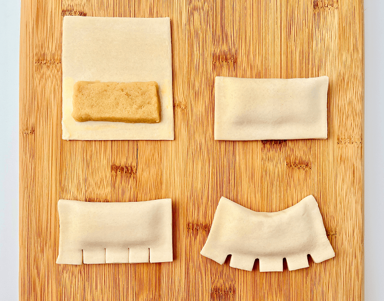 Steps to fold and cut the puff pastry then shape into a bear claw