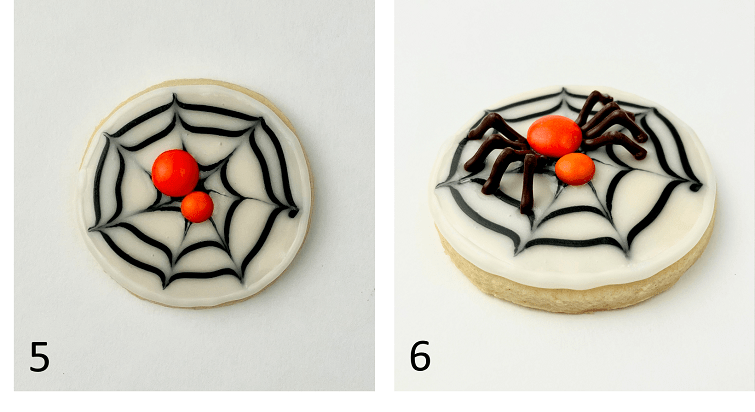 Steps to make the chocolate and m&m spider on the spider web cookie.