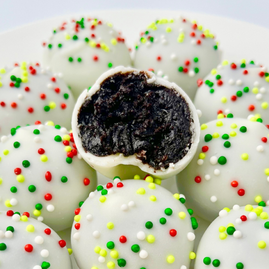 Boozy Oreo truffles with white chocolate and sprinkles.