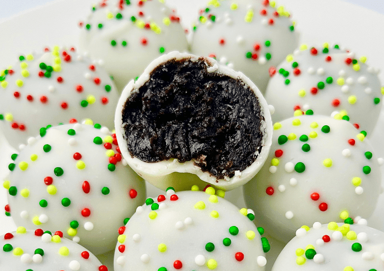 Boozy Oreo truffles with white chocolate and sprinkles.